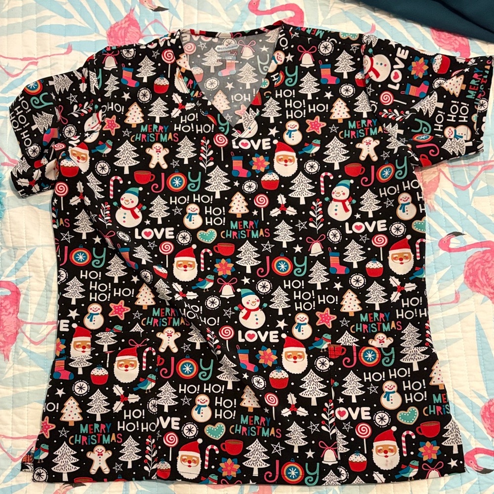Festive Christmas Print Women's Scrub Top